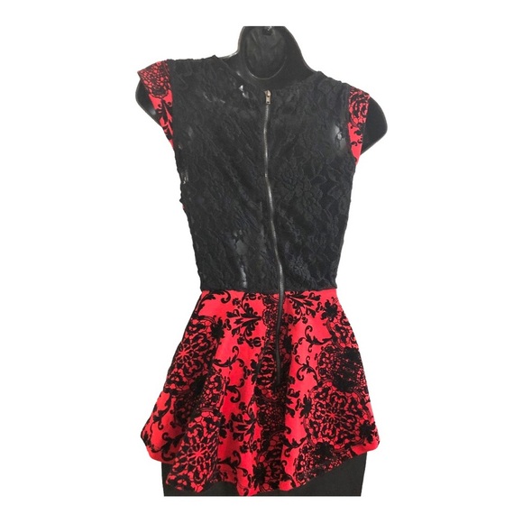 None Dresses & Skirts - Red black floral embroidered lace back peplum fitted dress size small brand new‎